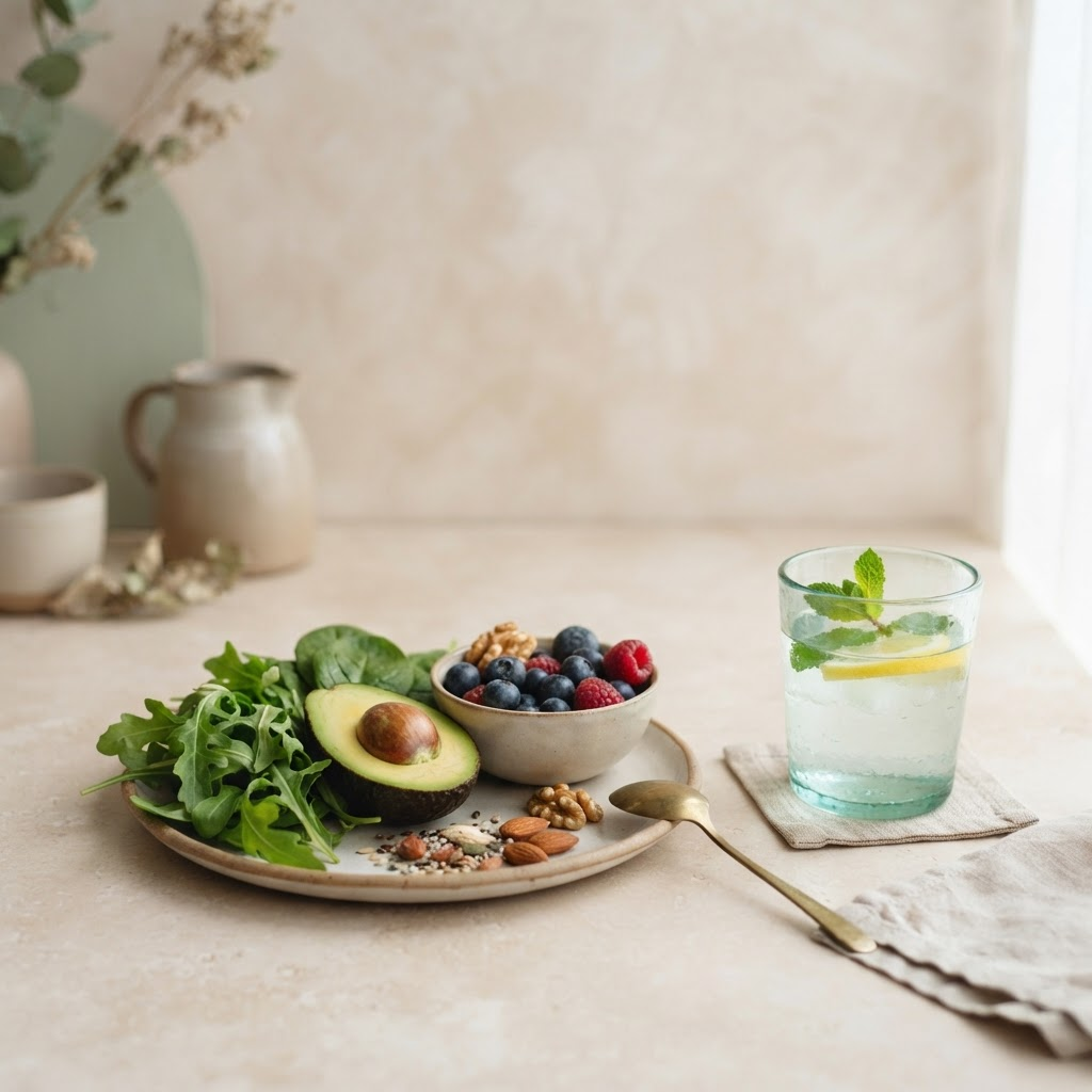 A calm, organized wellness kitchen with fresh ingredients